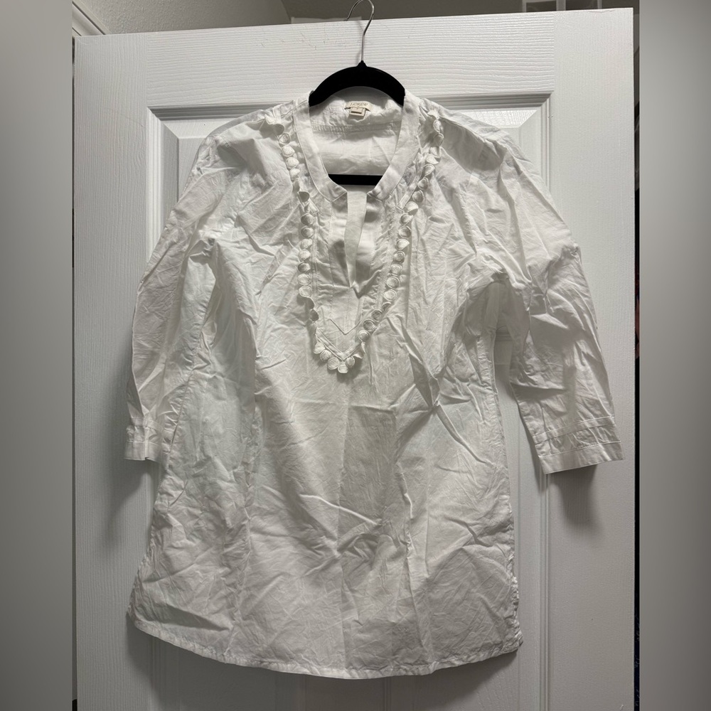 J. Crew White Tunic Beach Cover Up with Pom Pom Details Size Small